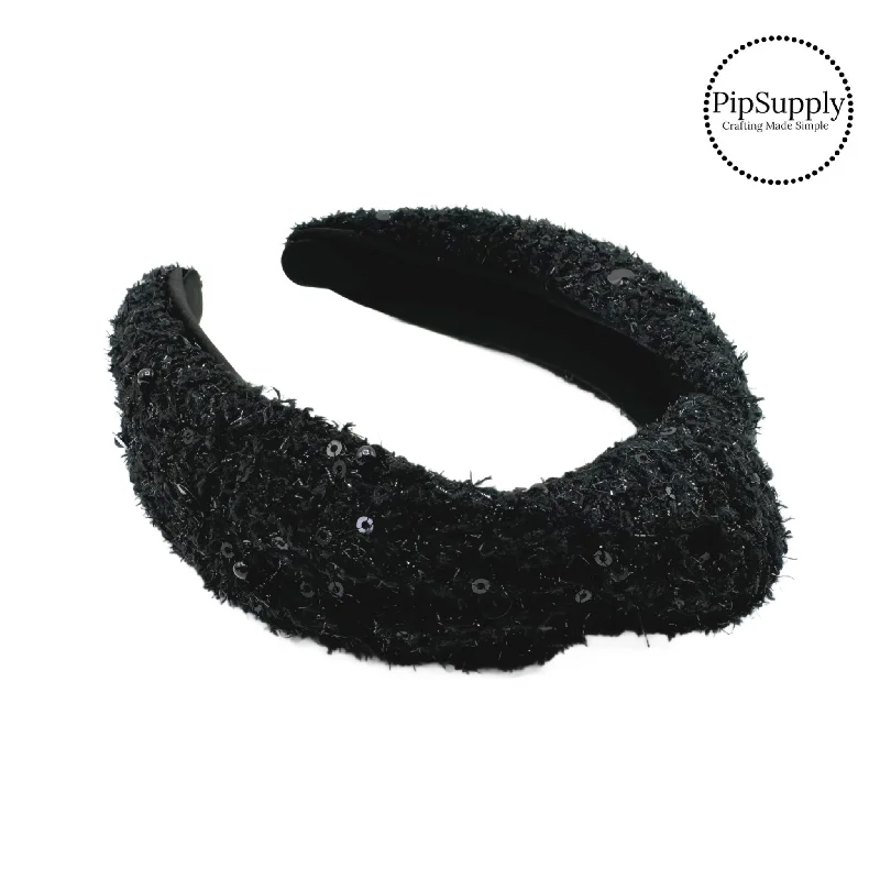 Black Sequin Holiday Tweed Knotted Fabric Headband