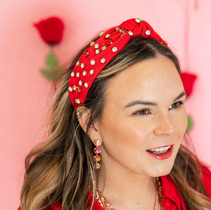 Heart Shaped and Round Crystal Detailed Knot Headband in Red