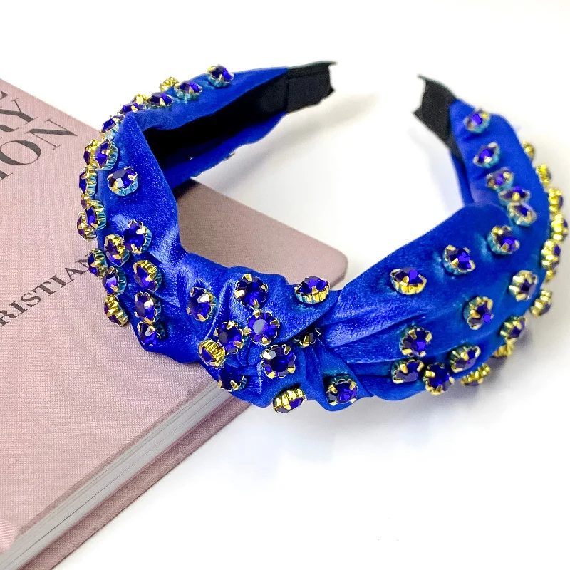 Royal Blue Silk Knotted Headband with Blue Crystal Detailing