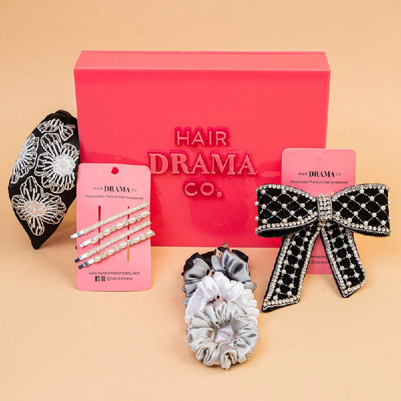 Glitzy Gift Box with 1 Knotted Hair Band, 1 Crystal & Pearl Hair Bow, 4 Hair Pins & 4 Scrunchies - Black