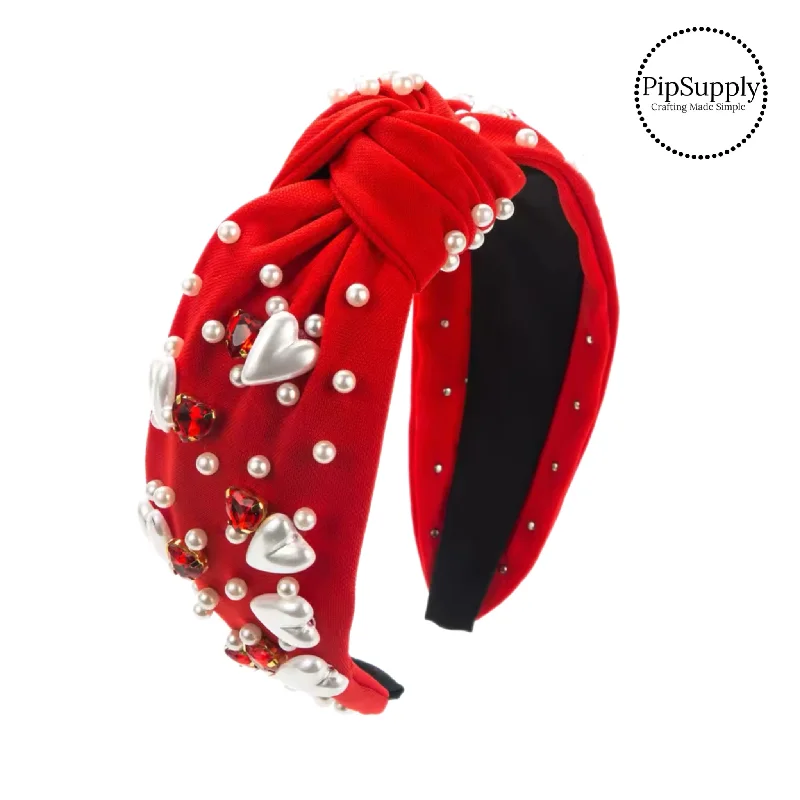 Heart Pearls Red Knotted Headband