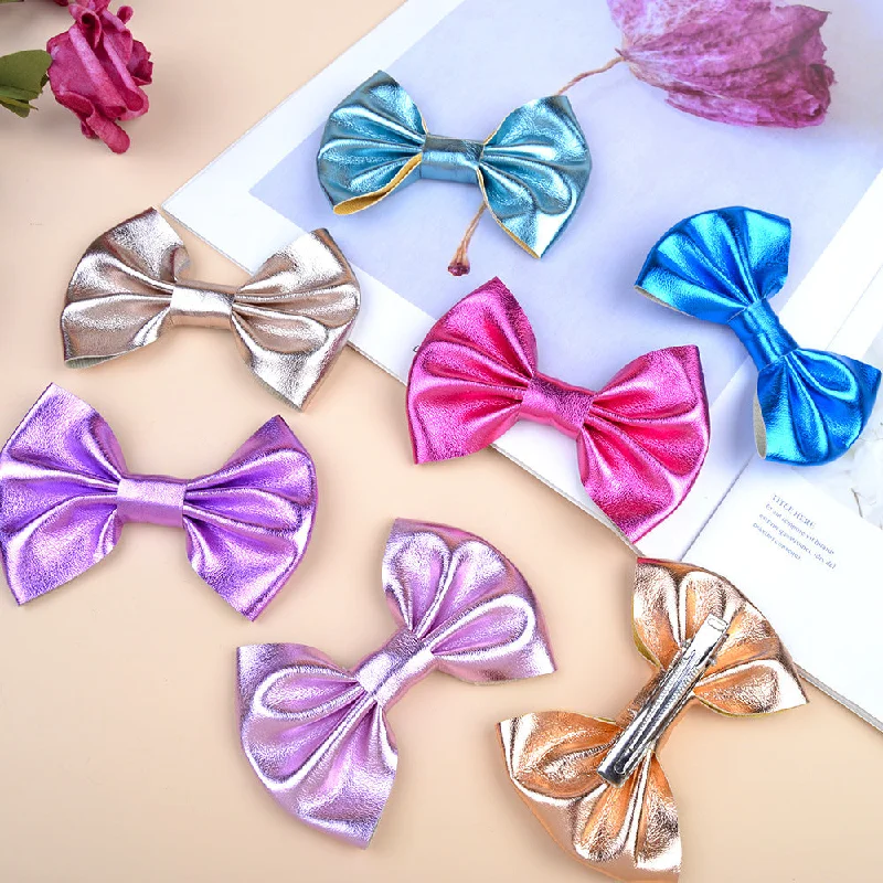 Wholesale Candy Color Leather Bow Hair Clips