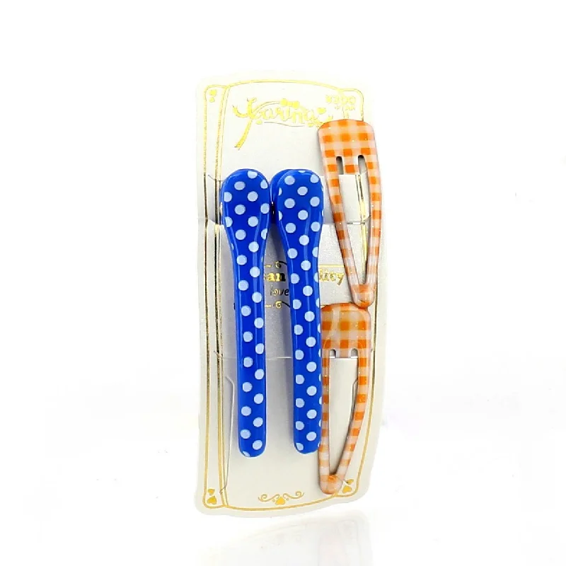 Polka Dots & Checkered Hair Clips (Blue & Orange, 4pcs)