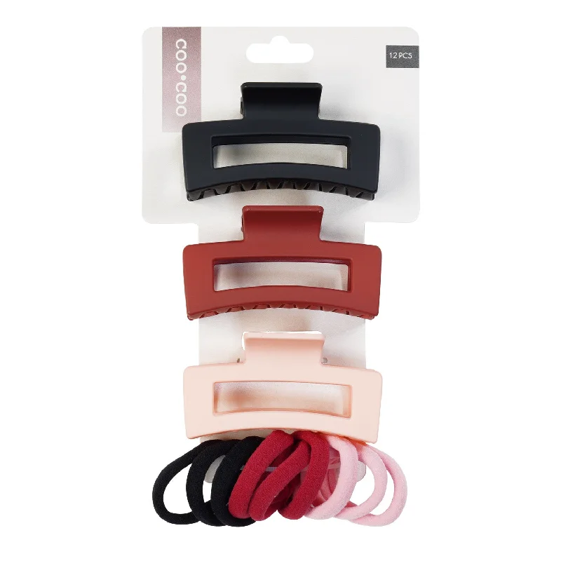 Coo Coo Triple Color Matte Jaw Clip & Ponytail Holder Set