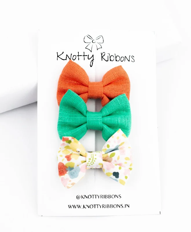 Mini Bow Alligator Hair Clip Set - Green & Orange