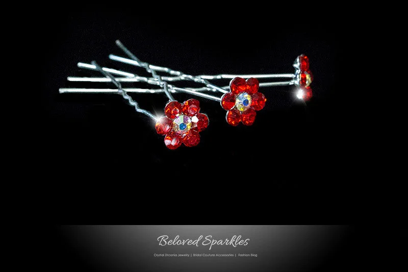 Stella Ruby Red Flower Hair Stick Pin | Rhinestone