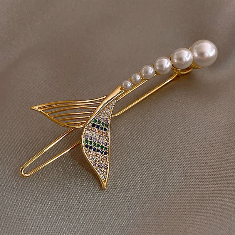 Wholesale Micro-paved Rhinestone Fishtail Colorful Pearl Hair Clip