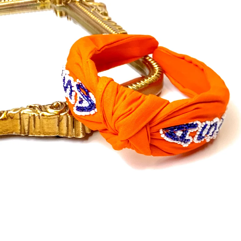 Team Spirit Astros Knot and Sead Beaded Head Band in Orange, Navy Blue, and White