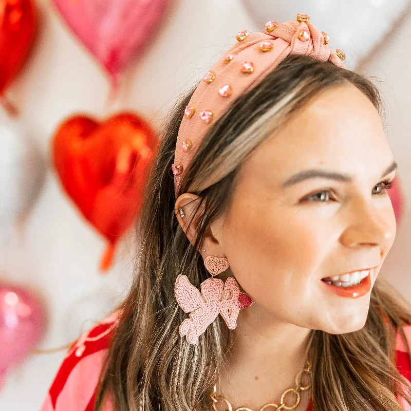 Heart Shaped Crystal Detailed Knot Headband in Pink