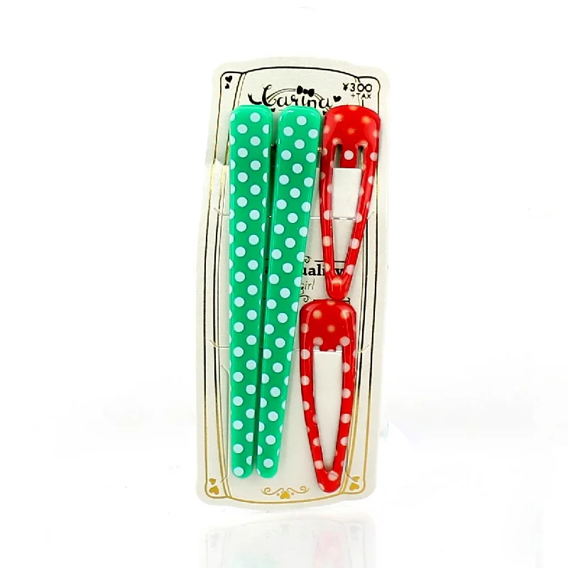 Polka Dots & Checkered Hair Clips (Green & Red, 4pcs)