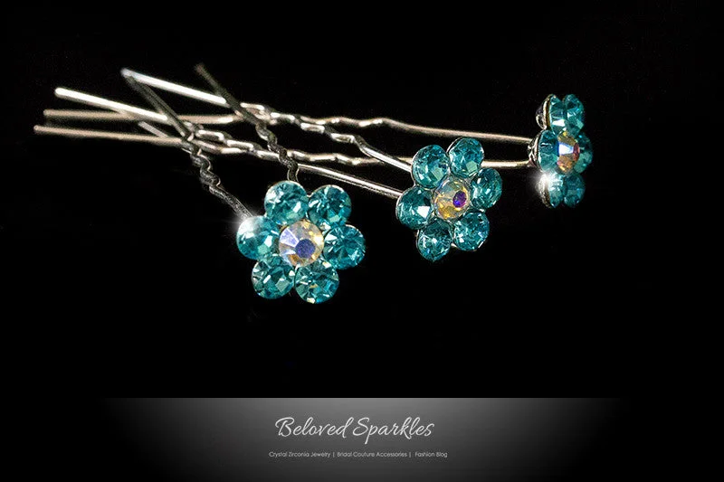 Stella Aqua Blue Flower Hair Stick Pin | Rhinestone