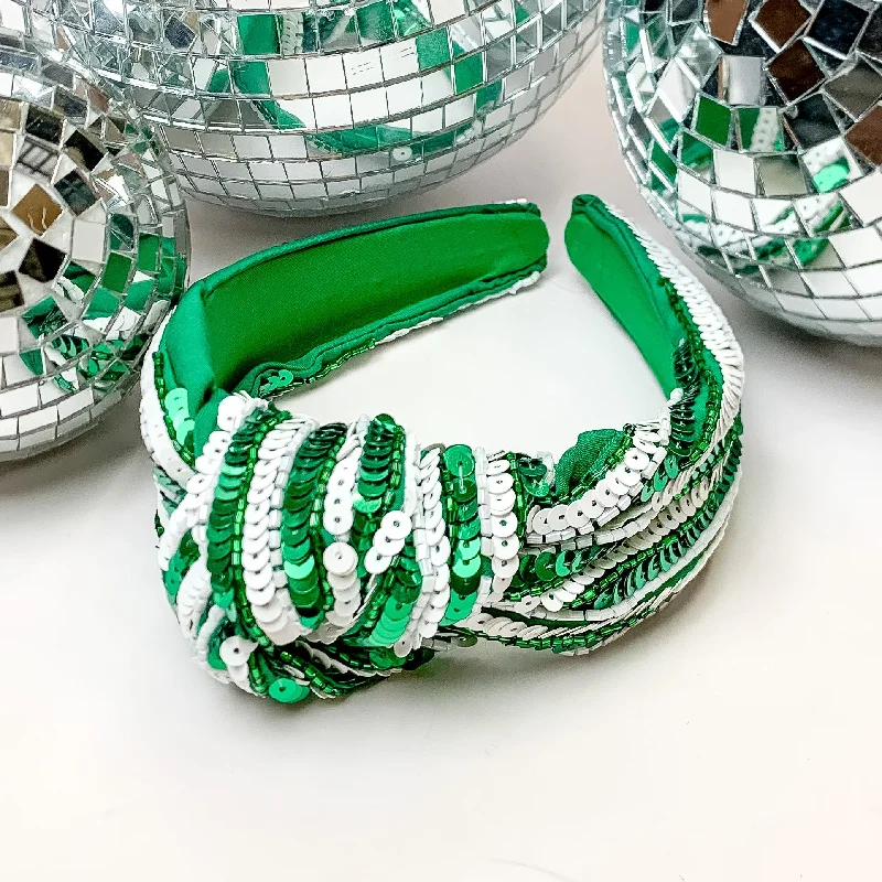 Striped Sequin Large Knot Headband in Green and White