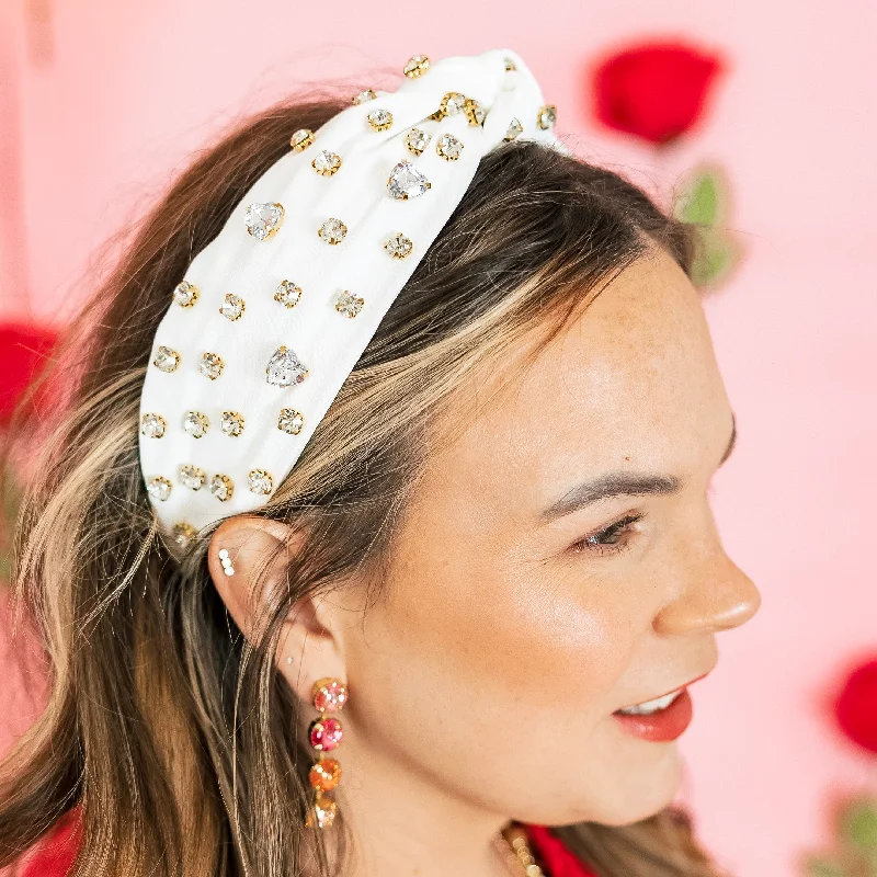 Heart Shaped and Round Crystal Detailed Knot Headband in White