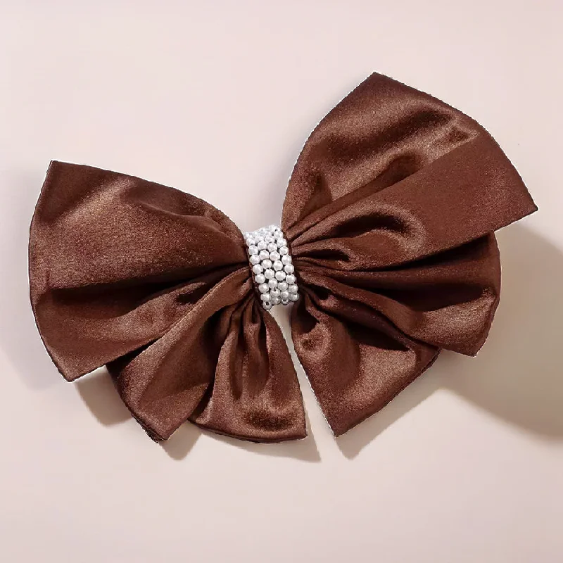 Satin Pearl Hair Bow Alligator Clip - Brown