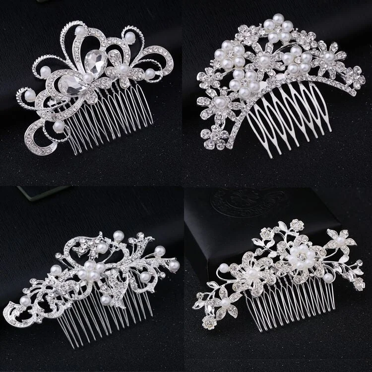 Wholesale Five Petal Flower Crystal Diamond Pearl Alloy Hair Combs