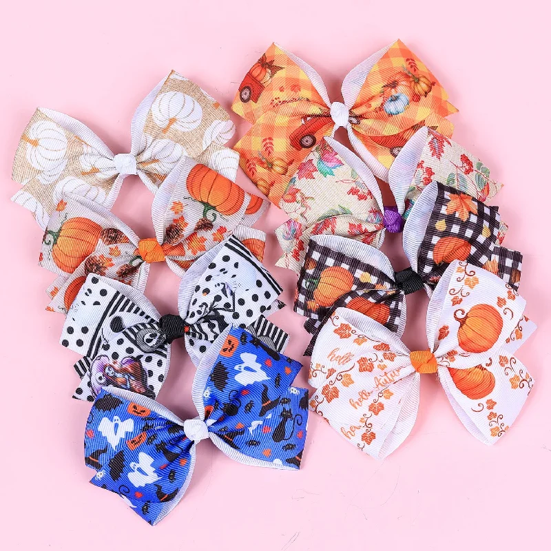 Wholesale Halloween Pumpkin Print Bow Hair Clip