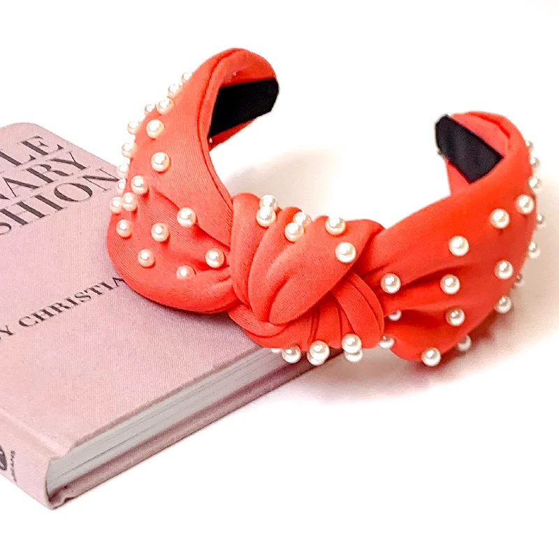 Pearl Detailed Knotted Headband in Coral Pink