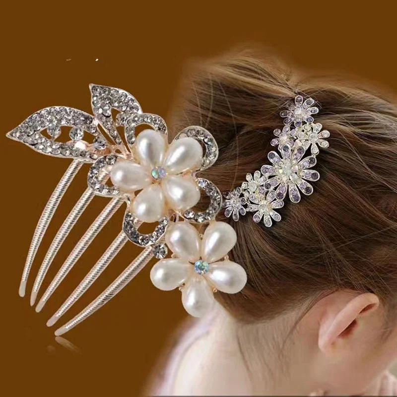 Wholesale Bow Knot Rhinestone Alloy Inlaid Pearl Hair Comb Elegant