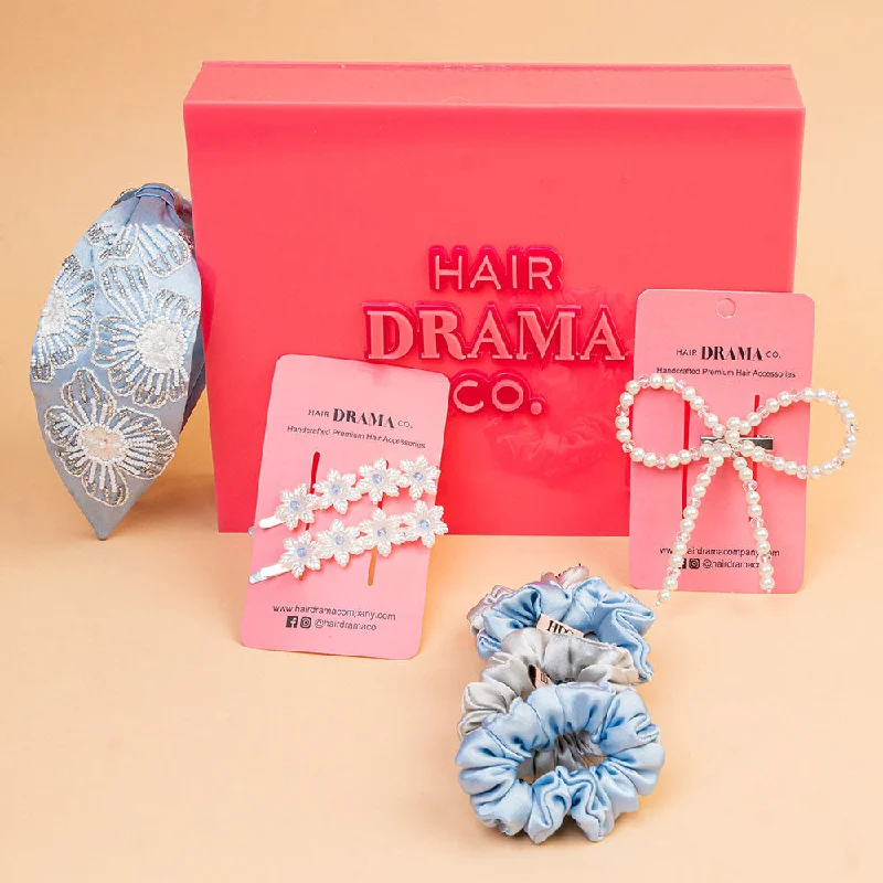 Glitzy Gift Box with 1 Knotted Hair Band, 1 Pearl Hair Bow, 2 Hair Pins & 4 Scrunchies - Blue