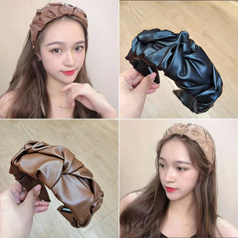 Wholesale Solid Color Pu Leather Pleated Headband