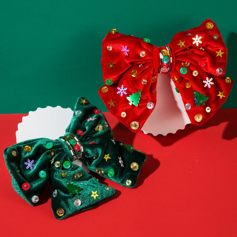 Wholesale Christmas Flannel Bow Spring Clip Hand-sewn Stars Snowflakes Christmas Tree Hair Clip