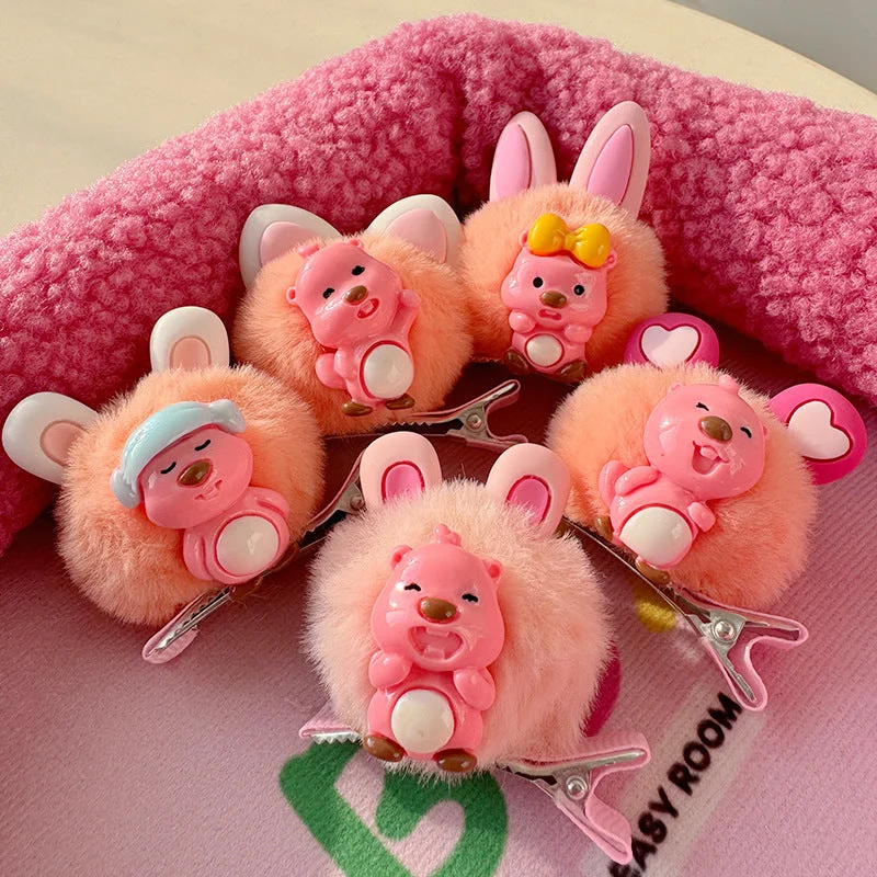 Wholesale Pink Rabbit Ears Furball Cartoon Love Laughing Beaver Hairpin