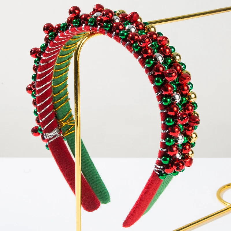 Wholesale New Red and Green Christmas Headband Women's Simple Thin Edge Flannel Christmas Bell Hair Ornament