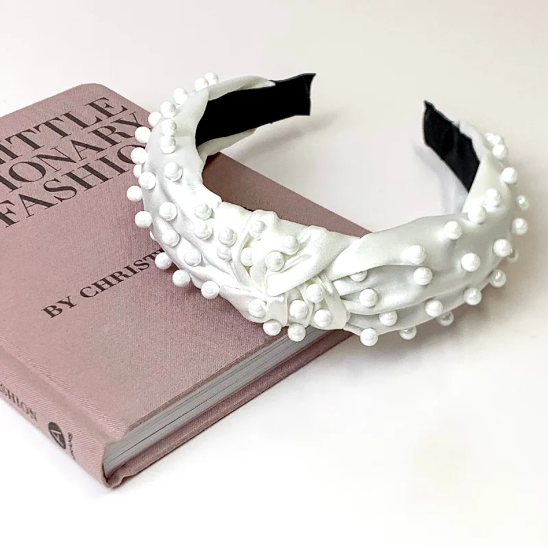 White Knotted Headband with White Glass Pearl Detailing