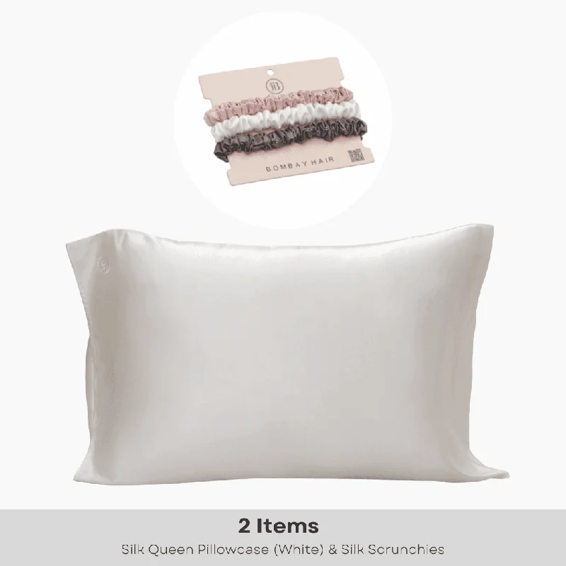 White Silk Pillowcase (Queen) + Scrunchies