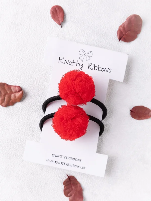 Mini Pom Pom Hair-Tie Set - Red